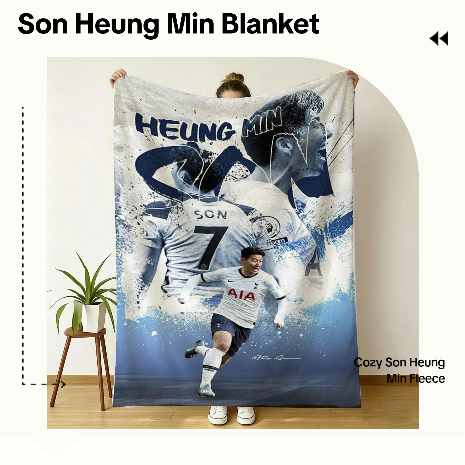 Son Heung Min Graphic Throw Blanket - Polyester Fleece Football Star Blanket with Player Image, Sporty Look Korean Fan Gift for Indoors Outdoors