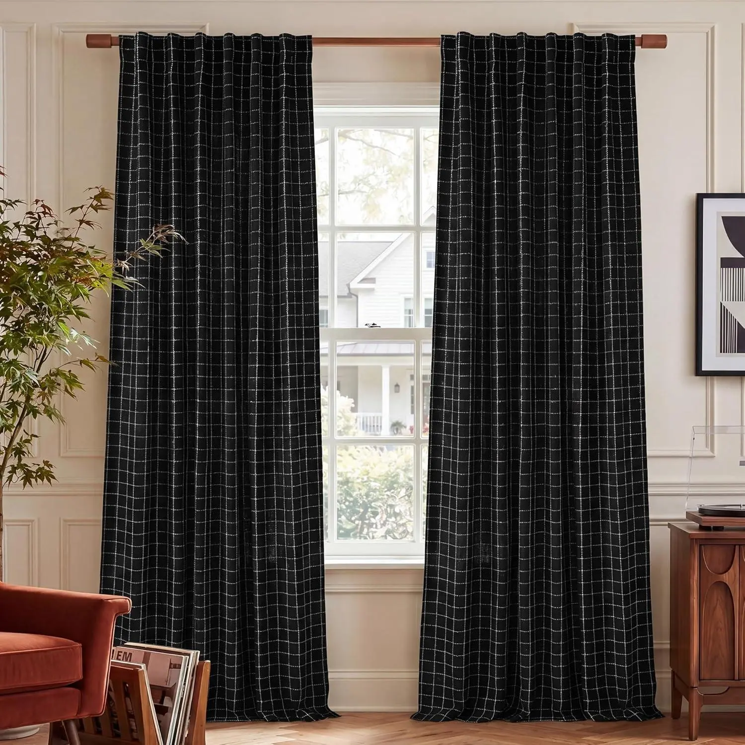 NICETOWN Home Decor Linen Plaid Curtains with Rod Pocket & Back Tab, Geometric Jacquard Thick Woven Mudcloth Window Treatments for Bedroom