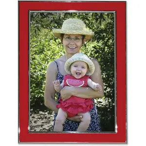Silver plated 8 by 10 metal with red enamel picture frame 8x10