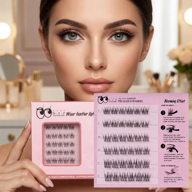 Pre Glued Cluster Lashes Seamless Natural DIY Eyelash Extensions Self Adhesive Feather Light Blooming Effect Wispy Individual Fake Lashes