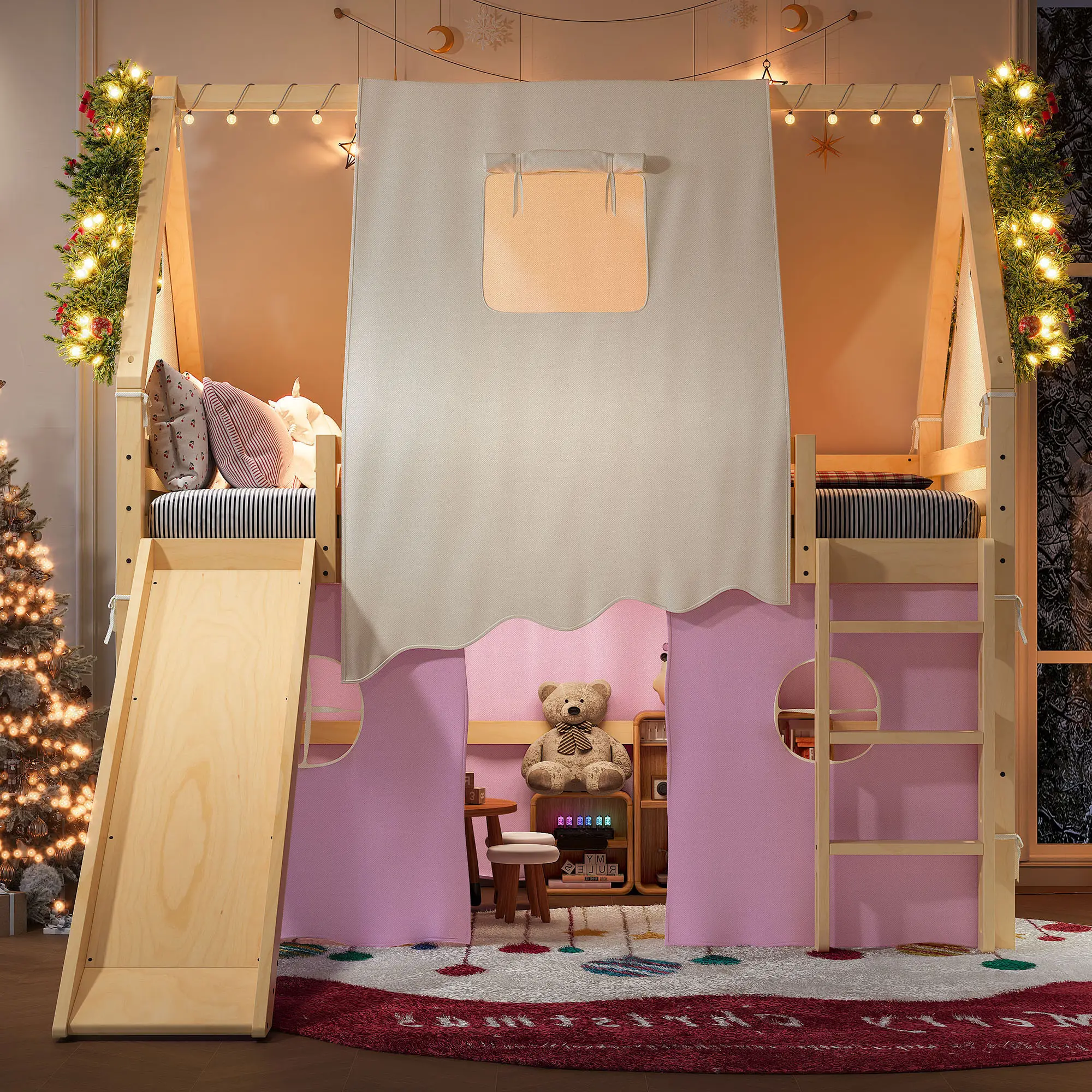 Full Size House Loft Bed with Sills and Tents, Solid Wood Loft Bed with Ladders and Slide, Chic Design with Lights, No Box Spring Needed, Natural Pink Finish, Kids Bedroom Furniture, Fun Playful Loft Bed with Tent and Slide for Children