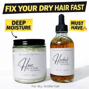 Brianna's Organics Hair Butter Oil Bundle - Vegan Fast-Growing Treatment with Castor & Tea Tree Oils for All Hair Types Nourishing Olive Blend Moisture Shea Coconut Daily 8 oz Haircare Repair Jojoba outdoorfun