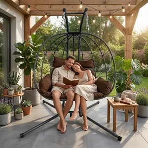 Double Egg Chair with Stand, Oversized Patio Hammock Swing Chair for 2, XL Hanging Loveseat with Cushions & Headrests, Heavy Duty Outdoor Indoor Egg Swing for Garden Balcony Backyard, Brown
