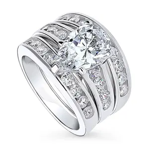 BERRICLE Sterling Silver Solitaire Engagement Rings Statement Stackable Band for Women, 3 Carat Pear Cut Cubic Zirconia CZ Ring Set