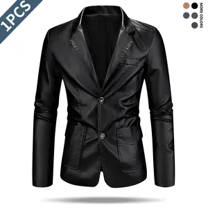 Men's Slim Fit PU Leather Jacket - Stylish Brown Windproof Blazer with Lapel Collar, Long Sleeves, and Side Pockets for Casual Wear