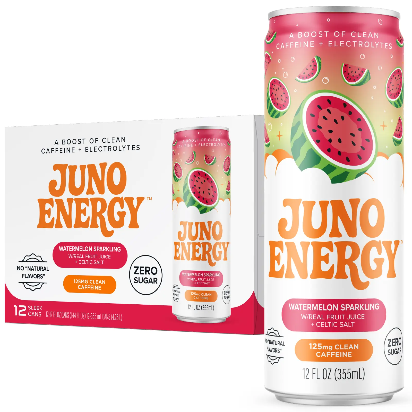 JUNO ENERGY Organic Sparkling Energy Drink – Natural, Zero Sugar, Clean Caffeine & Electrolytes Beverage – 12 Pack