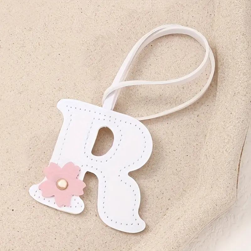 1pc PU Leather Letter Keychain A-Z with Floral Embellishments | White & Pink Durable Decorative Key Tag Accessory for Women | Cute Key Cover, Embellished Key Holder, Bag & Car Keyring