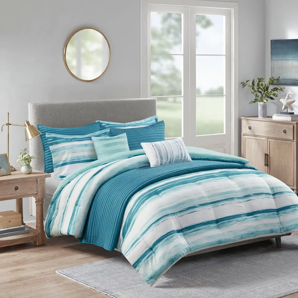 Madison Park MP10-7947 104 x 92 x 1.5 in. Marina Printed Seersucker Comforter & Quilt Set Collection, Aqua - King & California King Size - 8 Piece, King Size Bed, Coastal Vibe, Eight Pieces