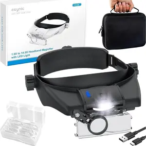 eSynic Hands-free Magnifying Glasses with Light-Type-c Rechargeable Head Magnifier with 5 Lenses-1.5X-13X Magnification-2 Brightness Levels-3 Wear Adjustment knobs-A Storage Case for Close Work/Crafts