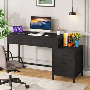 LITTLE TREE Computer Desk with 5 Drawers, Home Office Desks with Reversible Drawer Cabinet Printer Stand, Industrial PC Desk with Storage, Rustic Study Writing Table Workstation for Small Spaces