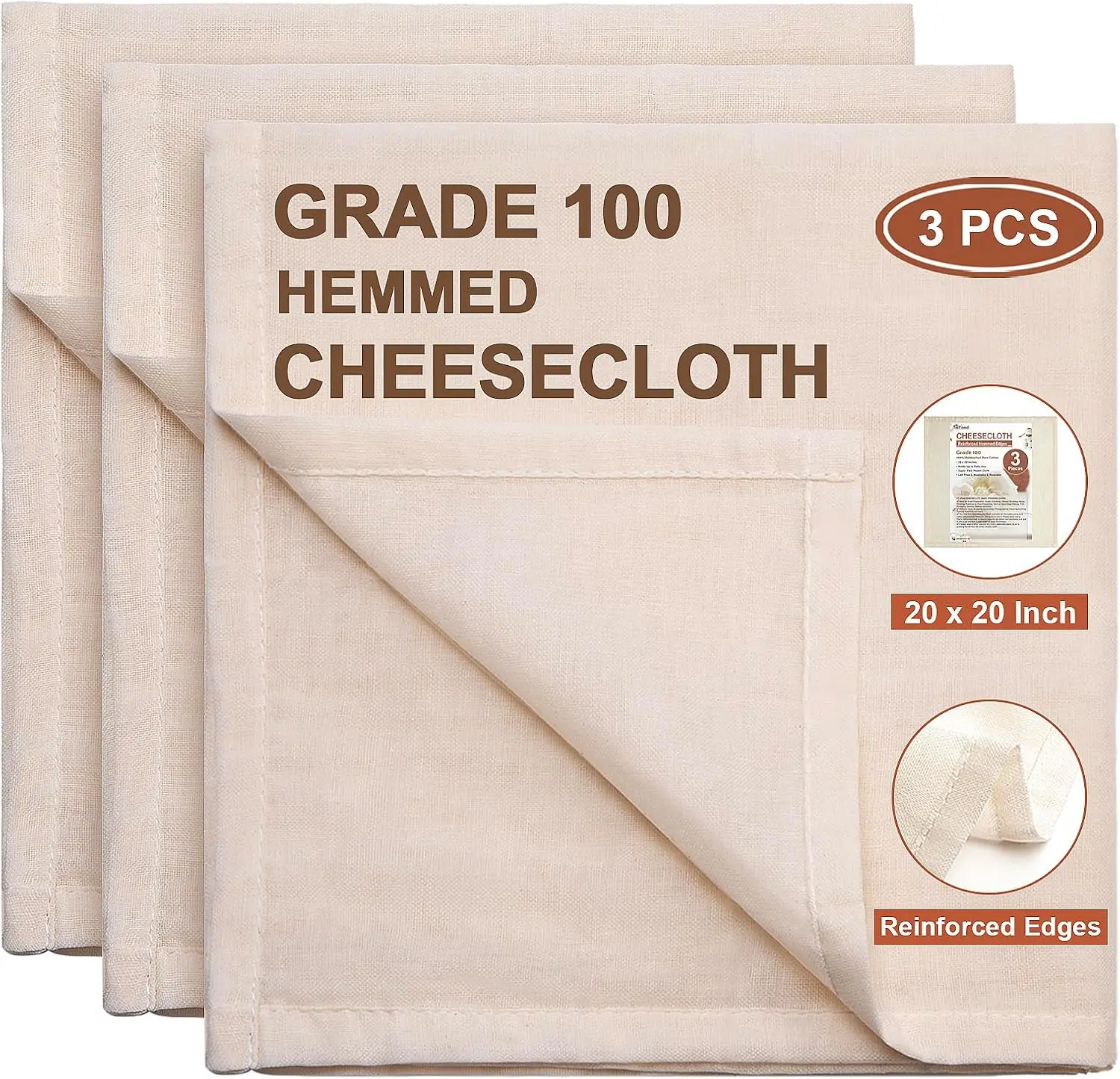 3PCS Precut 20x20 Inch Cheese Cloths for Straining Cooking - 100% Unbleached Cotton Muslin Cloth for Juicing Baking Cheese Making - Cleaning