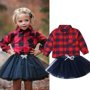 Ma&Baby Infant Toddler Baby Girl Christmas Outfit Long Sleeve Plaid Shirt Deer Print Bodysuit Tutu Skirt 2Pcs Clothes Set