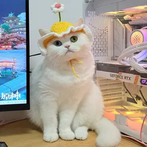1pcs Cat Hat Stretchy Cute Delicate Pet Hat Puppy Kitten Knitted Hat with Ruffles and Floral Decoration - Soft Material for Medium Size Cats 6-16lbs , Party Photo Shoot Prop Decoration Cat Accessories