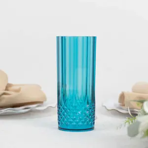 6-Pack Transparent Plastic Highball Drink Glasses 14oz, Crystal Cut Style Ocean Blue - Shatterproof Tall Cocktail Tumblers