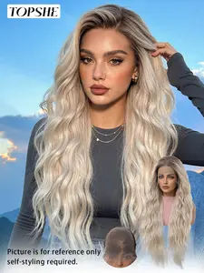 13x6 Lace Front 30 Inch Wig, Heat Resistant Synthetic Hair, Ash Brown Root Ombre Platinum Blonde Layered Long Wavy Wig, Natural Daily Style, Breathable & Easy to Wear, Versatile for Daily Commute, Beginner-Friendly