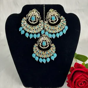 Desi Gold Tone Stylish Earrings and Tikka Set with Elegant Design