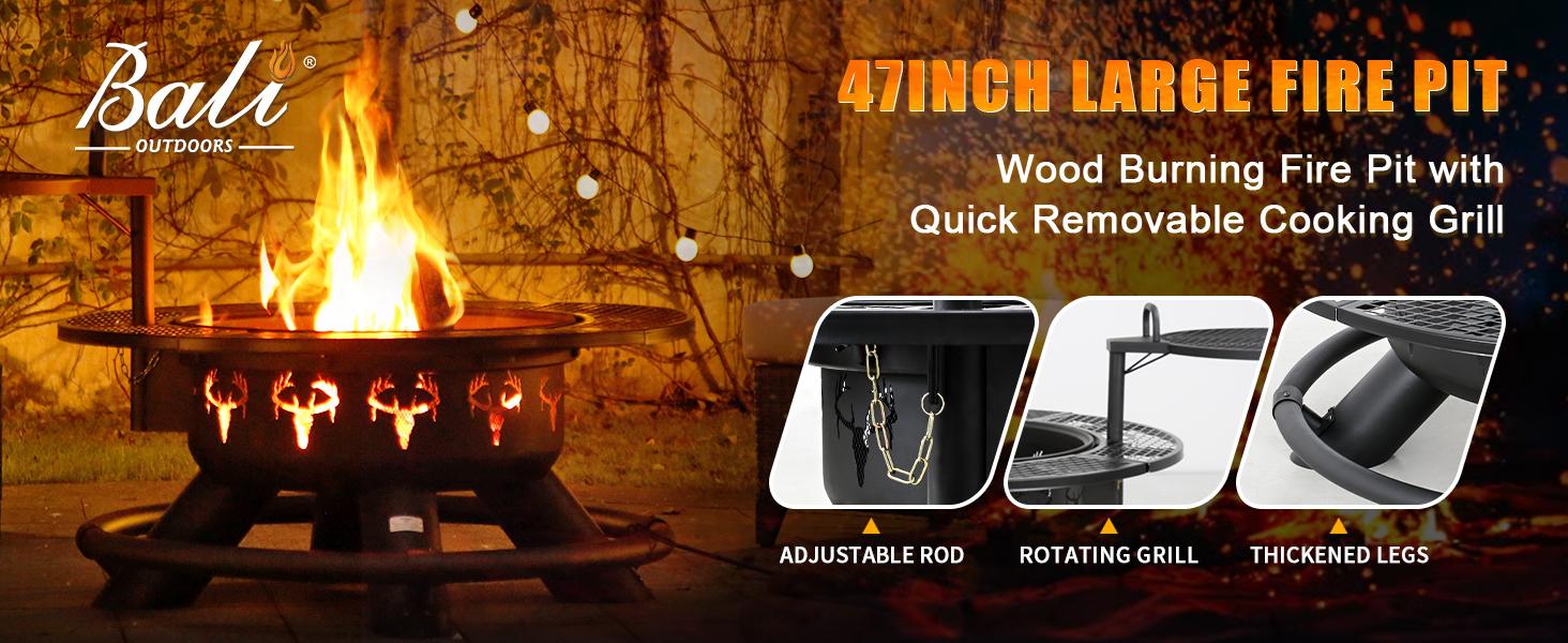 BALI OUTDOORS 47 Inch Wood Fire Pit with Removable Cooking Grill - Round Heavy Duty Modern Firepit Stove for Outdoor Cooking & Gatherings Christmas Gift