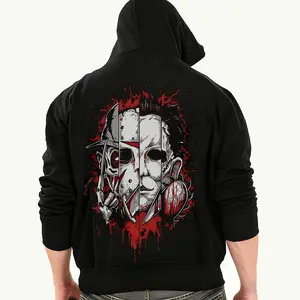 Men’s Horror Mask Graphic Hoodie – Creepy Slasher Face Print Pullover, Cotton Blend Drawstring Hood with Kangaroo Pocket, Soft Warm Loose Fit Sweatshirt for Fall Winter, Halloween Street Style Casual Wear, Machine Washable