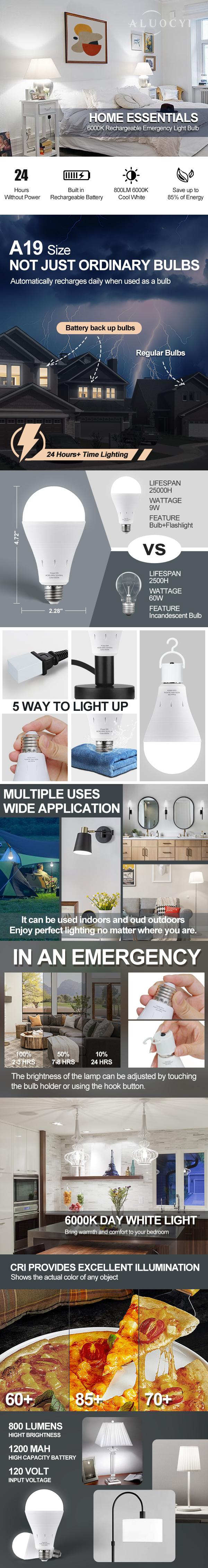 DEBAOBULB Warrenty Brand Cool White 9W 1200mAh Rechargeable LED Light Bulb with Hook for Home Power Failure & Outdoor Use 6000K Energy Efficient Emergency Lighting Outdoorfun