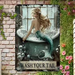 Mermaid & Bathtub Pattern Metal Sign, Vintage Funny Bathroom Decor, Wall Art for Home Bathroom, Bathroom Accessories
