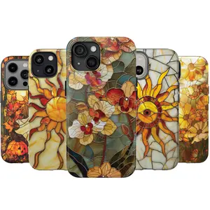 Yellow Gold Sun Stained Glass Phone Case for iPhone 16/15/14/13/12/11/X/Xs/Xr & Samsung S26/S25/S24/S23/S22/S21, Dual-Layer Protection, Wireless Charging Compatible, Celestial Stars Print, TPU & PC Material, Trendy & Durable Smartphone Case