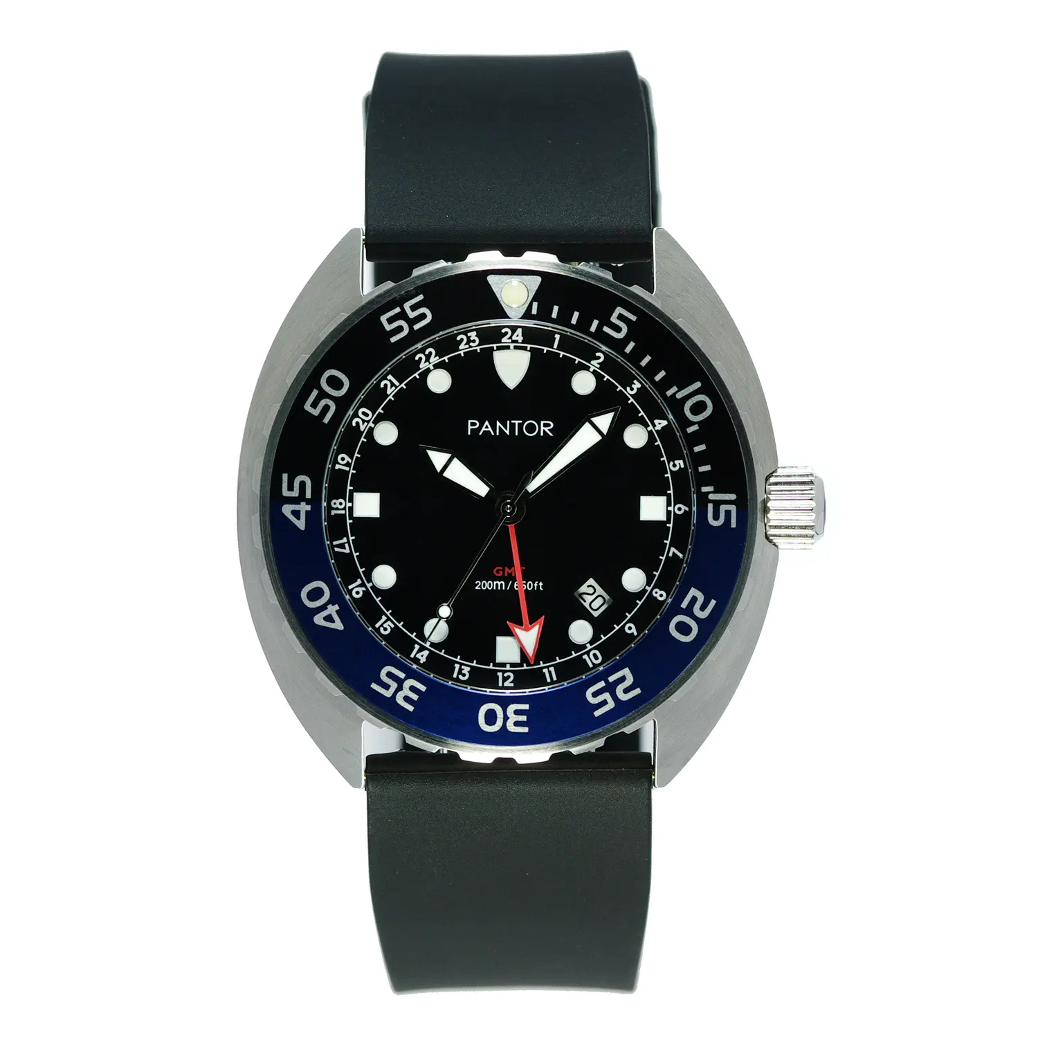 PANTOR Watches_200m diver watches for men_Nautilus GMT mens watches with blue bezel & rubber strap