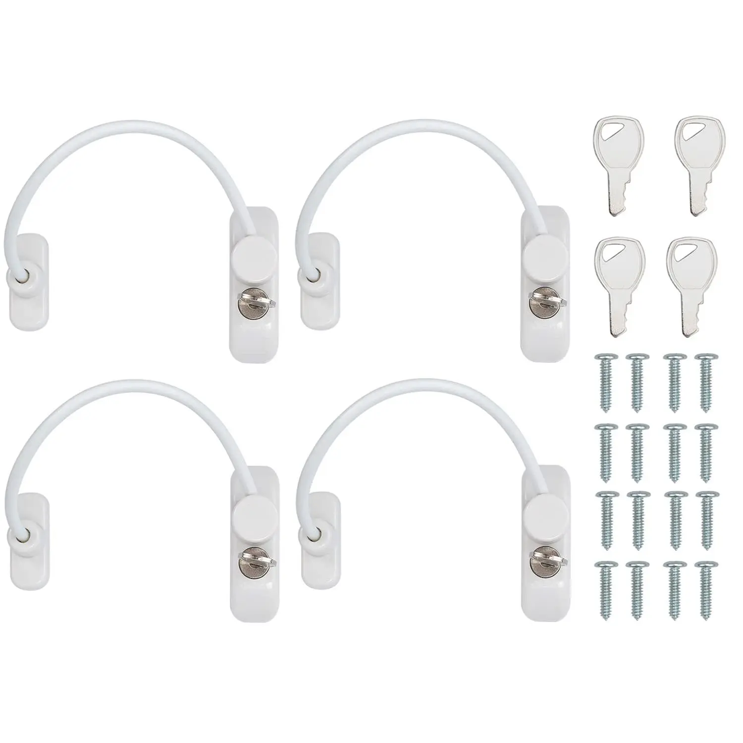 4 Window Restrictor Locks  Lockable Door With Keys Childproof Casement Lock Anti Guards For Safety Security Cable Wire Catch (white)