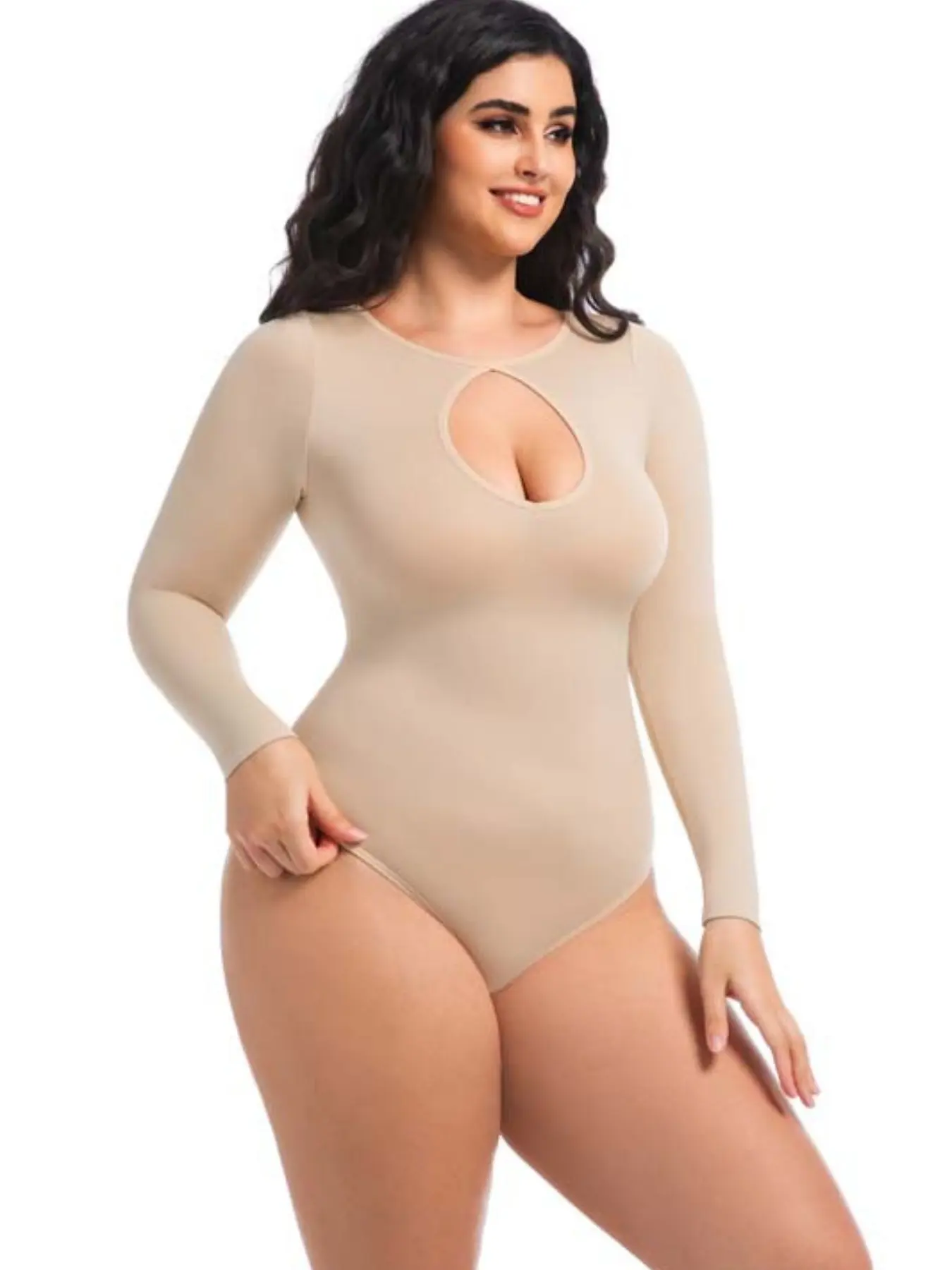 Women's Skin Tone Jumpsuit, Waist Cinching Butt Lifting Bodysuit, Strong Shaping Long Sleeve Compression Garment, Seamless Body Shaper, Shapewear