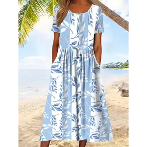 Summer Beach Dress Women's Leaf Print Short Sleeve Round Neck Casual Dress Lightweight Floral Dress for Vacation