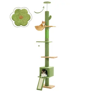 Cat Tree Floor to Ceiling,Cactus Tall Cat Tower, Adjustable Height (83''~108'') 5 Tiers Cat Climbing Tree for Indoor Cats with Cat Condo, Cat Scratching Post and Cat Ladder, Green