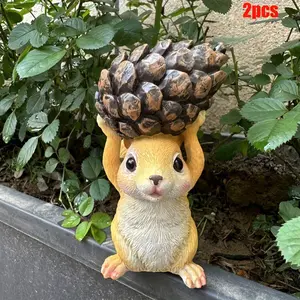 2 Piece Squirrel Holding Pine Cone Succulent Garden Ornaments, Creative Desk TV Cabinet Decor, Home Décor Animal Sculpture
