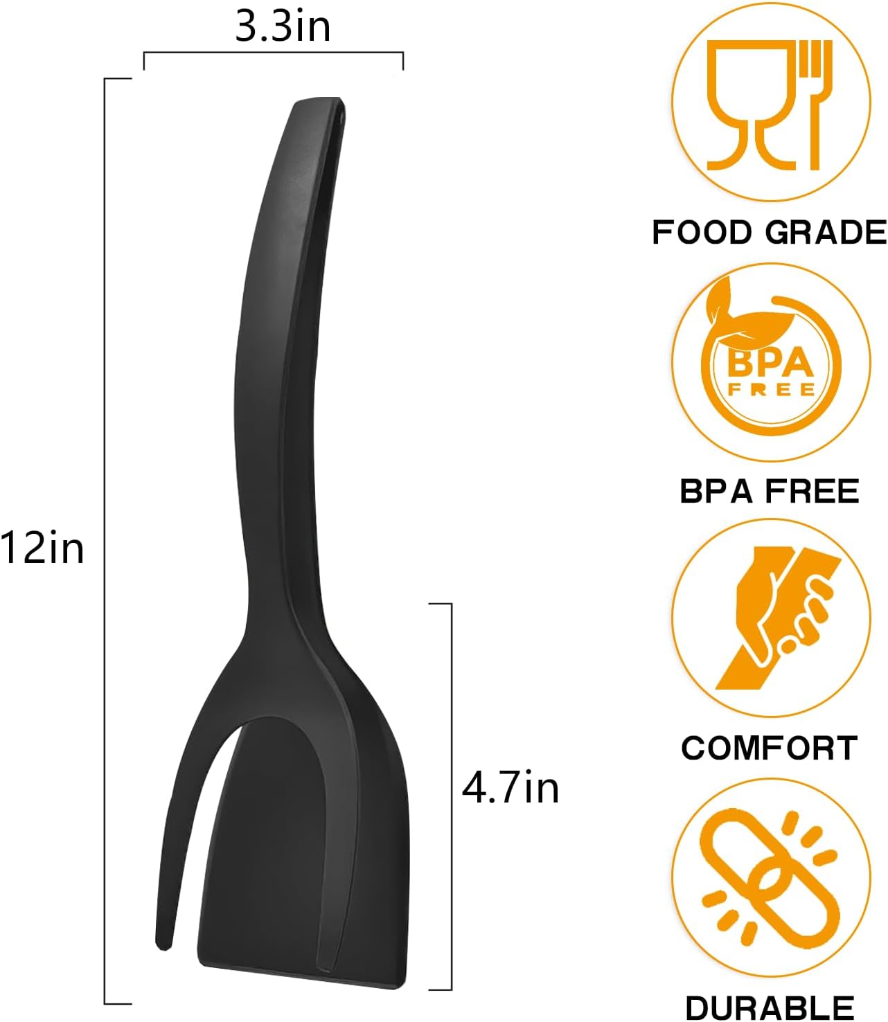 BRODARK 2-in-1 Silicone Shovel & Tweezers Tongs - Black Egg Flipper Pancake Steak Turner Omelet Maker Spatula Fish French Toast Tongs for Home Kitchen Cooking Tools Utensils