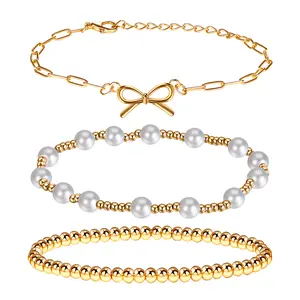3-Piece Bracelet Set:14K Gold Beaded Bow Pearl Bracelets Elegant Stackable Jewelry Sets for Women