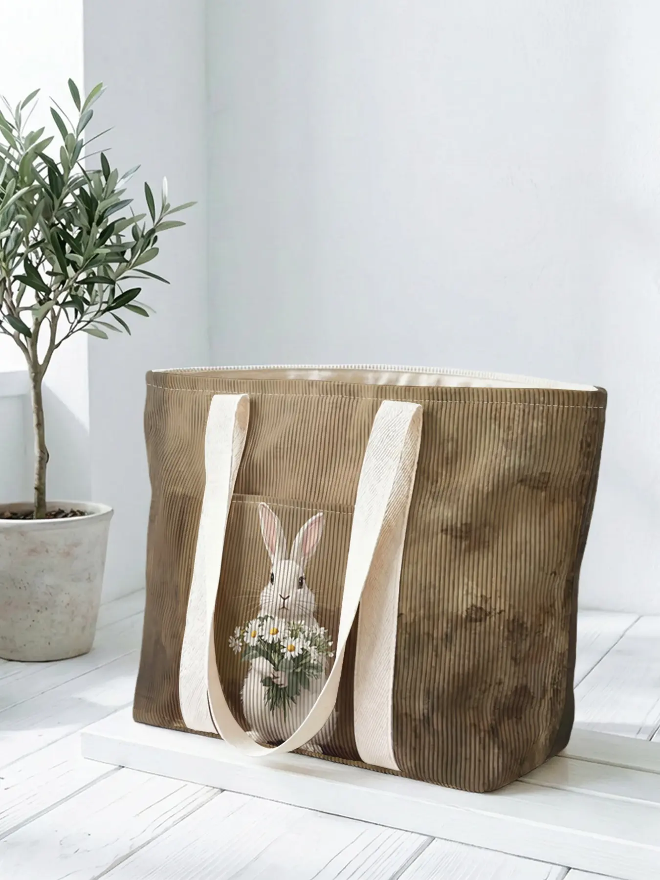 1 piece of white rabbit daisy pattern 2D printed tote bag, large capacity space|Commuting/shopping/going to work all-purpose|Carry the gentleness and faith of Easter in your hands, Easter