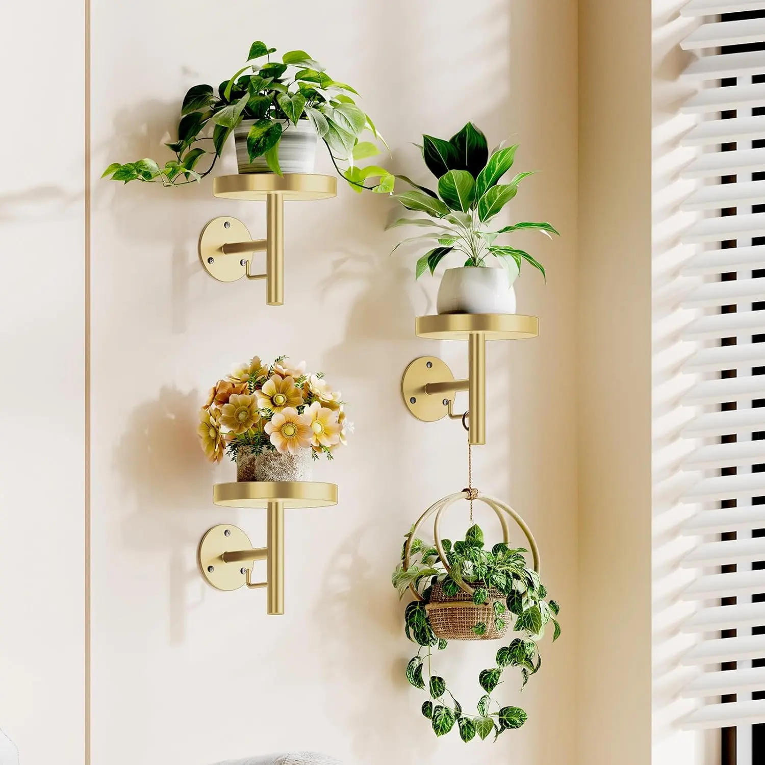 Wall Mounted Plant Shelves Gold Finish Modern Decorative Plant Holders for Home Decor