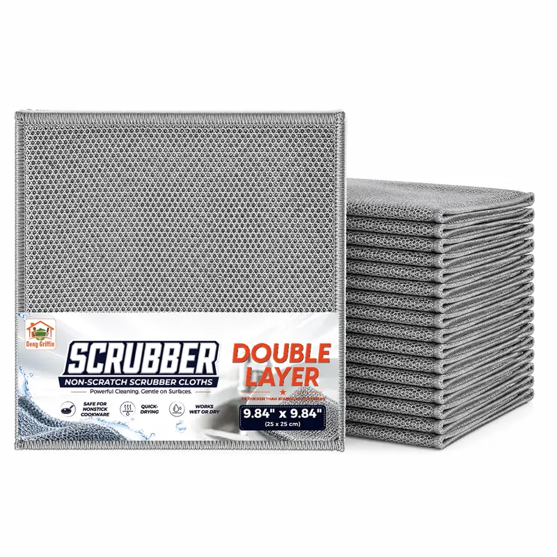 Non-Scratch Metallic Yarn Cleaning Cloths - Mesh Texture Kitchen Scrubbers, Heavy-Duty Quick-Dry Silver Hand Wash Tools, Daily Hygienic Odor-Free Dishwasher-Safe Cloths, Built to Outlast Sponges for Grease Removal on Stainless Steel Pots