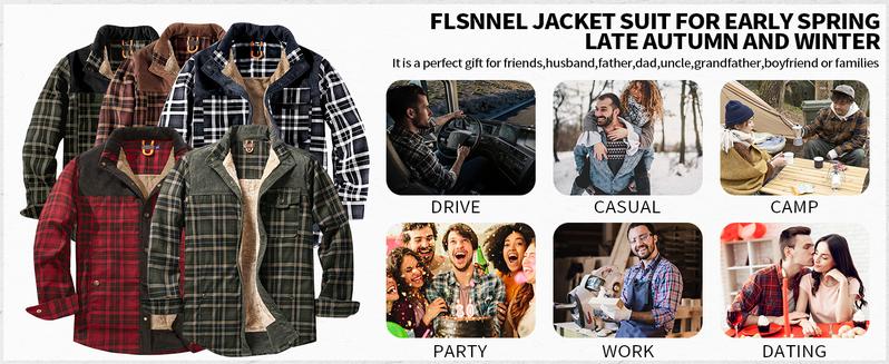 GXE Men's Medium Size Fleece Lined Sherpa Plaid Shirt Jacket Outdoor Warm Coats with Snap Button Front Closure & Pockets Armygreen & Cozy Brown Flannel Outerwear Classic Menswear Soft Plaid Design Stylish Patchwork Casual Tops Checked Long Sleeve