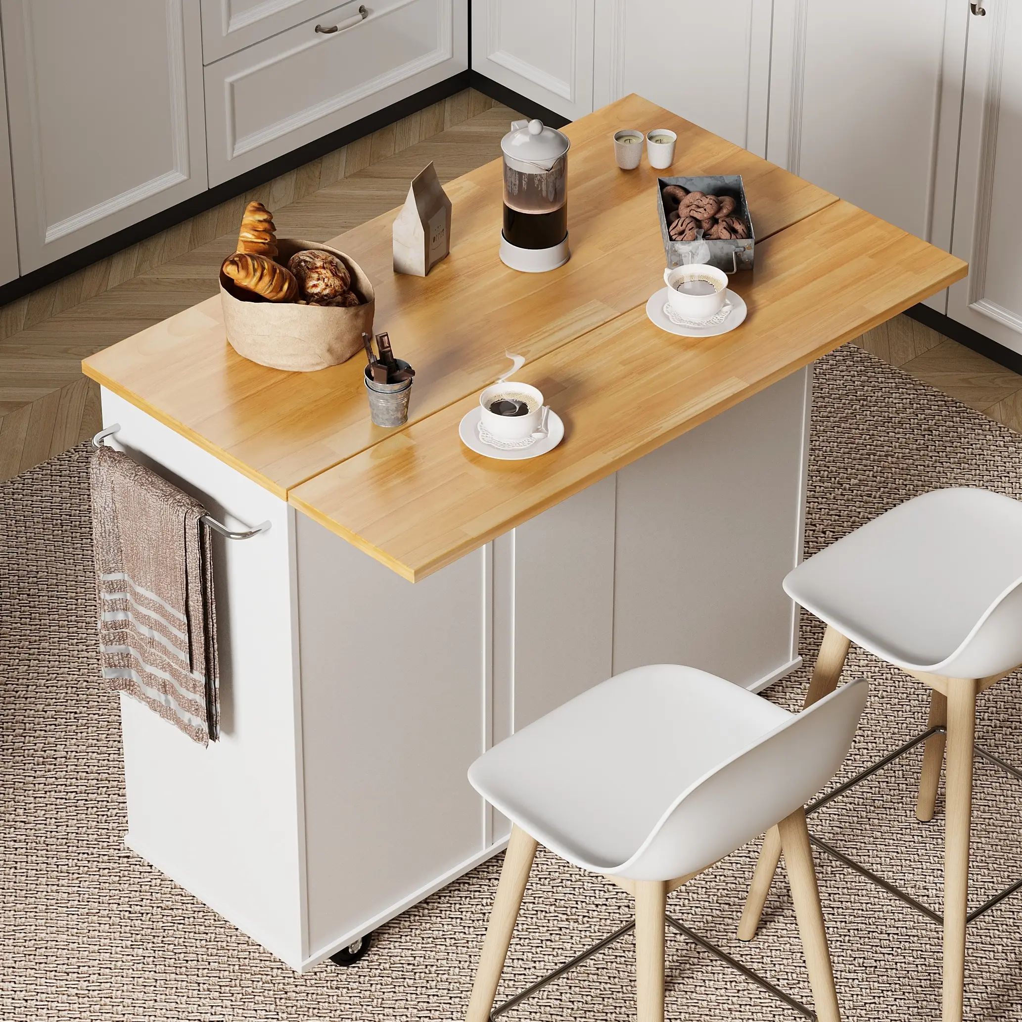 Walsunny Rolling Kitchen Island with Foldable Drop Leaf, Adjustable Organiser Storage Cabinet with Cart Handle for Towel Rack, Portable Island, White