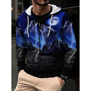 Men’s casual hooded jacket — full-body wolf 3D print, knitted polyester fiber, long sleeves, front zipper closure, machine washable, regular fit with pockets and a drawstring design, suitable for autumn and winter outdoor wear, non-stretch fabric