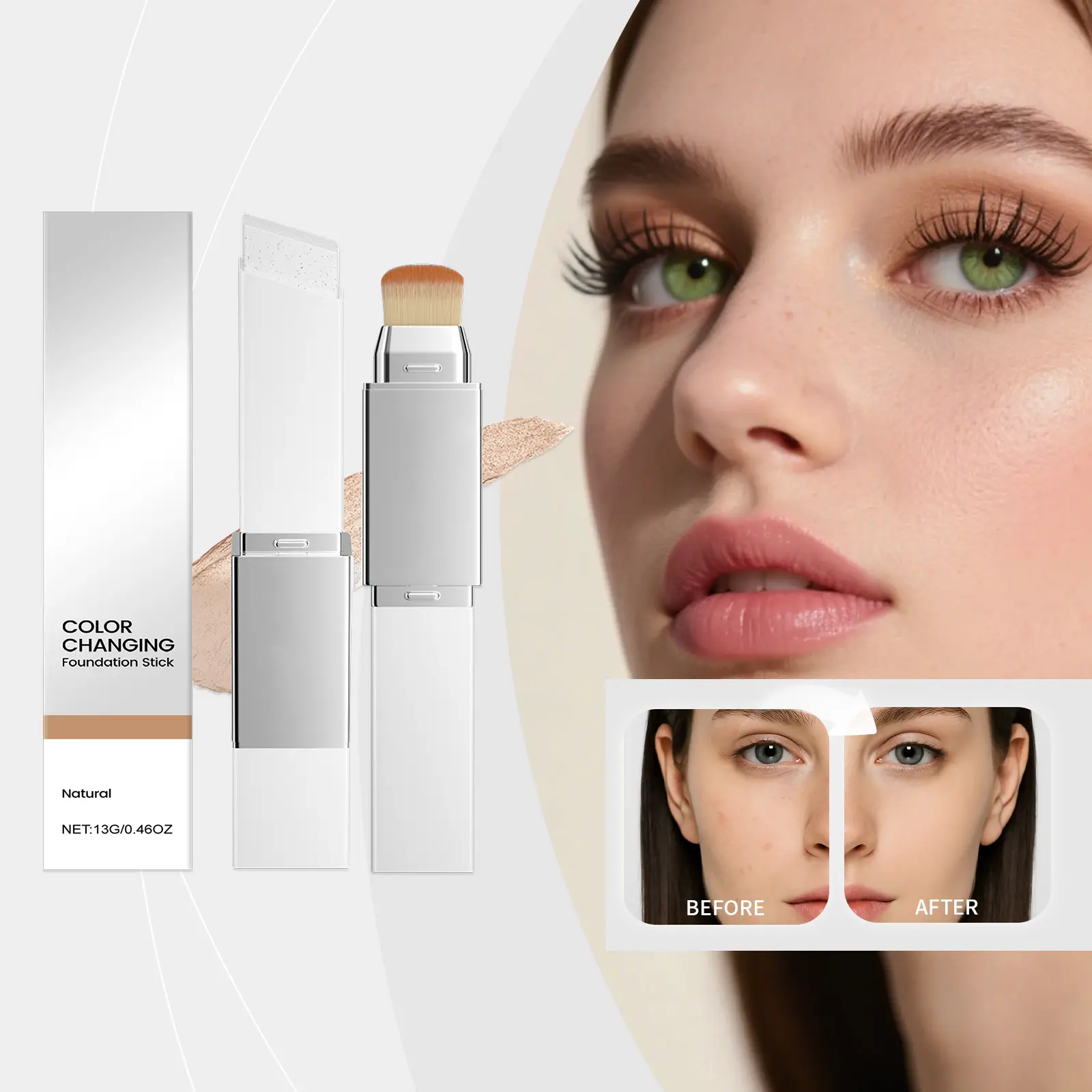 2-in-1 Color-Changing Foundation Stick & Concealer Stick (with Brush Head), Creates a Flawless Even Skin Tone — Suitable for All Skin Types, Perfect for Daily Makeup, Blemish Coverage, Pore Minimizing, Easy Blending, Buildable Coverage., Blend, Flawless C
