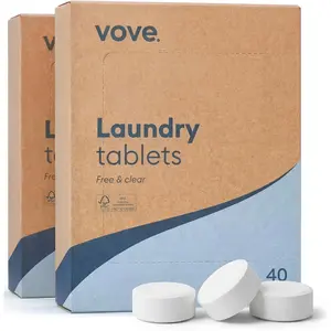 Vove Laundry Detergent Tablets, 40 Loads - Plastic-Free, PVA-Free, Zero Microplastics - Enzyme-Powered Stain Removal - Plant-Based, Fragrance-Free, Works in Cold Water, FSC-Certified Packaging