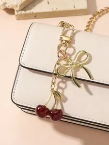 Unisex Cherry Keychain with Fashionable Bow Pendant, Luxury Handbag Charm, Book Bag Butterfly Knot Keyring Gift for Friends