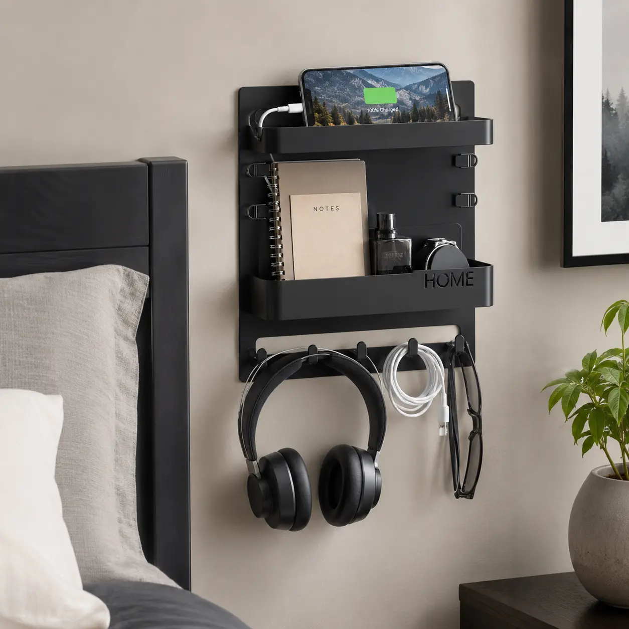 Small Room Bedside Shelf, Wall Mounted Organizer for Dorm Bed, RV and Bedroom, Floating Storage Holder for Phone, Remote, Books and Decor