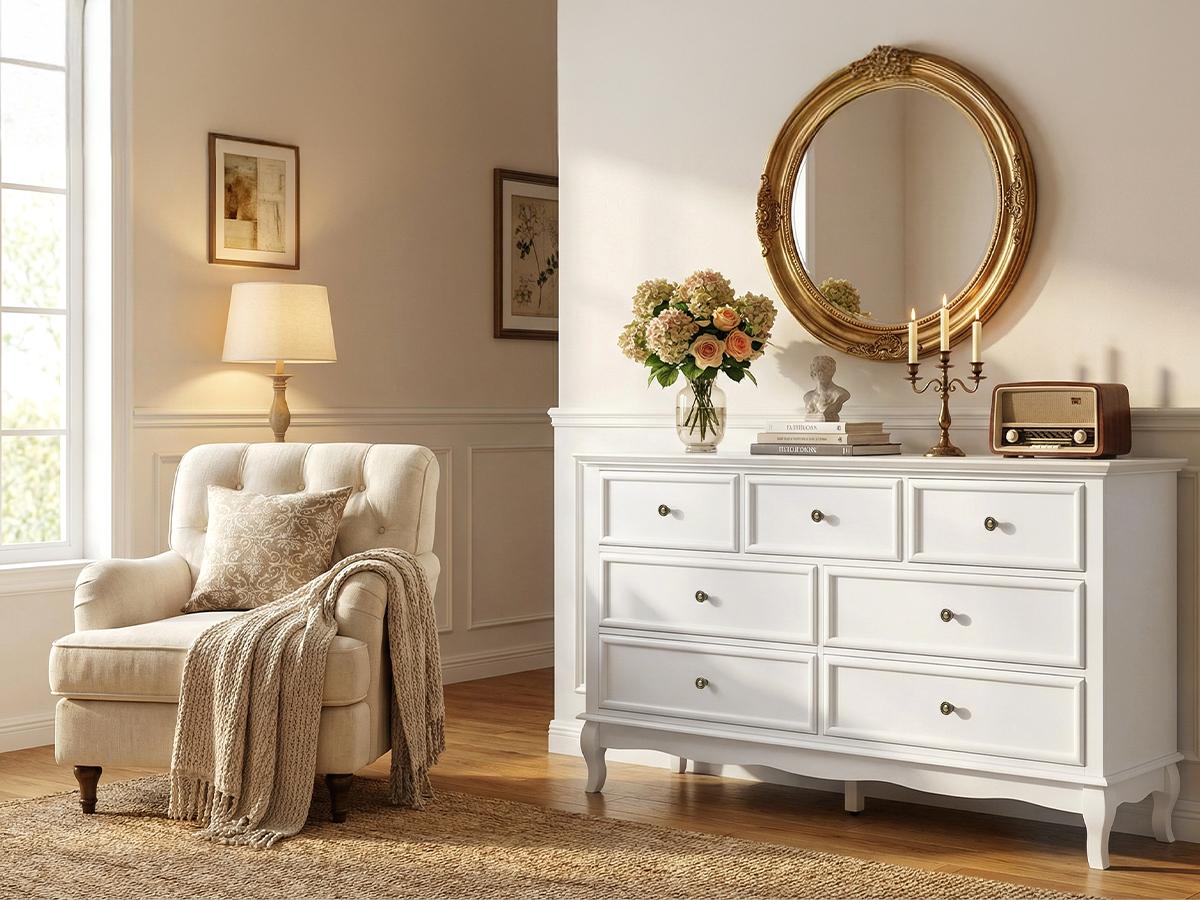 white dresser with brown legs RoyalCraft Modern 7-Drawer Aesthetic Solid Wood Legs, Painted Finish, Wave Base, Antique Size:M 7 / W 9 and transitional decor styles Maxi Boho Dress Fame and Partners Lace