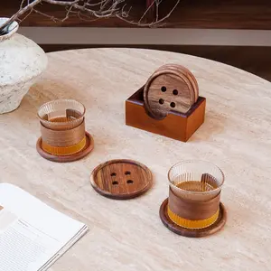 5pcs Wooden Button Cup Mats with Storage Box, Creative Design, Retro Simple Style, Home Decor, Coffee Cup Mat, Gift Idea, Trivet Set, Wood Coasters
