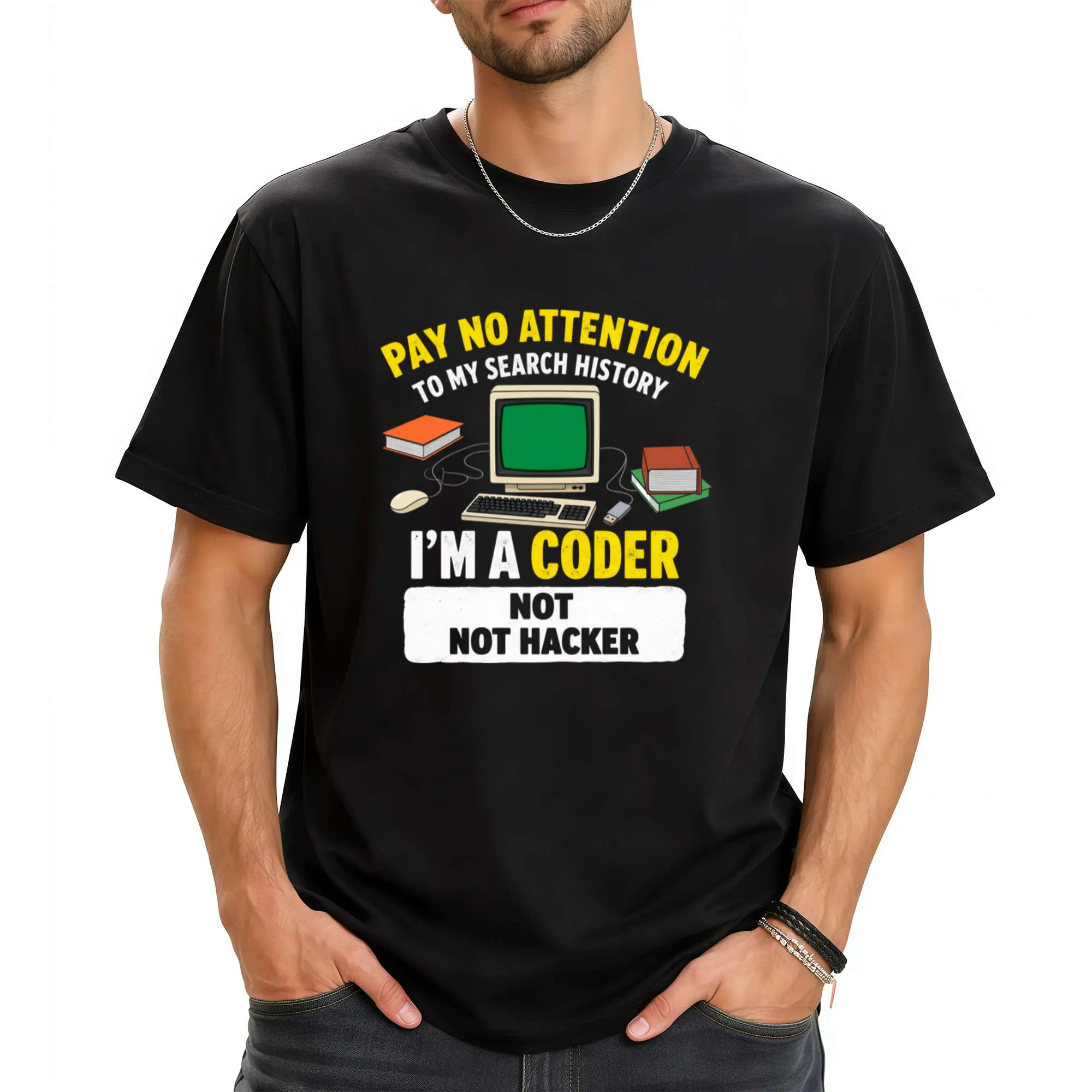Casual Humorous Style Men'S Round Neck T-Shirt, Loose Fit, Fashionable And Versatile, Soft And Comfortable, Fabric Suitable for Daily Wear And Gifting, Don'T Worry about My Search History, I'M a Programmer Not a Hacker, Graphic Design