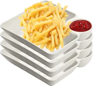 Chip and Dip Serving Platter Set, 4 Pcs Divided Party Trays 7.3'' x 6.7'' Snack Bowl Dishes for Entertaining, Wine Dine Appetizer Plates, Reusable Dumpling Plate with Sauce Holder for Buffet Parties