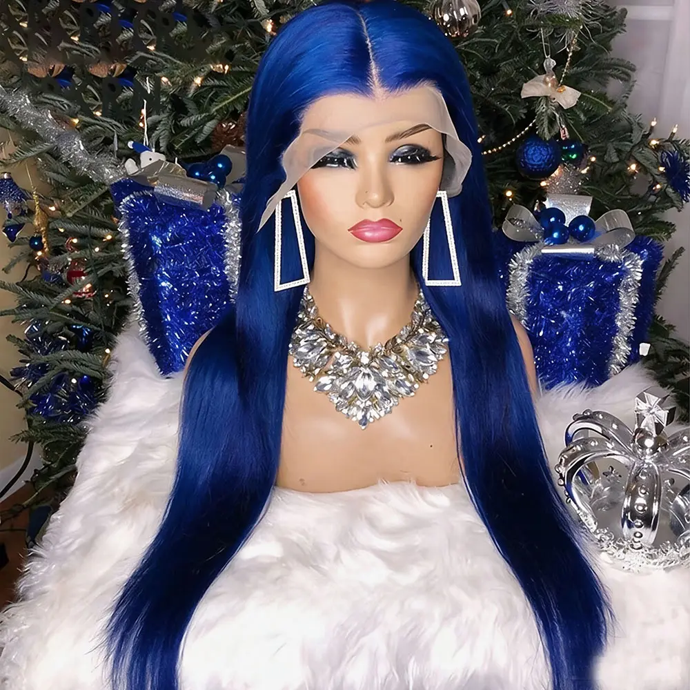 Female 28In Synthetic Lace Front Wig, Long Straight Heat-Resistant Glueless Dark Blue Synthetic Wig for Party, Daily Use