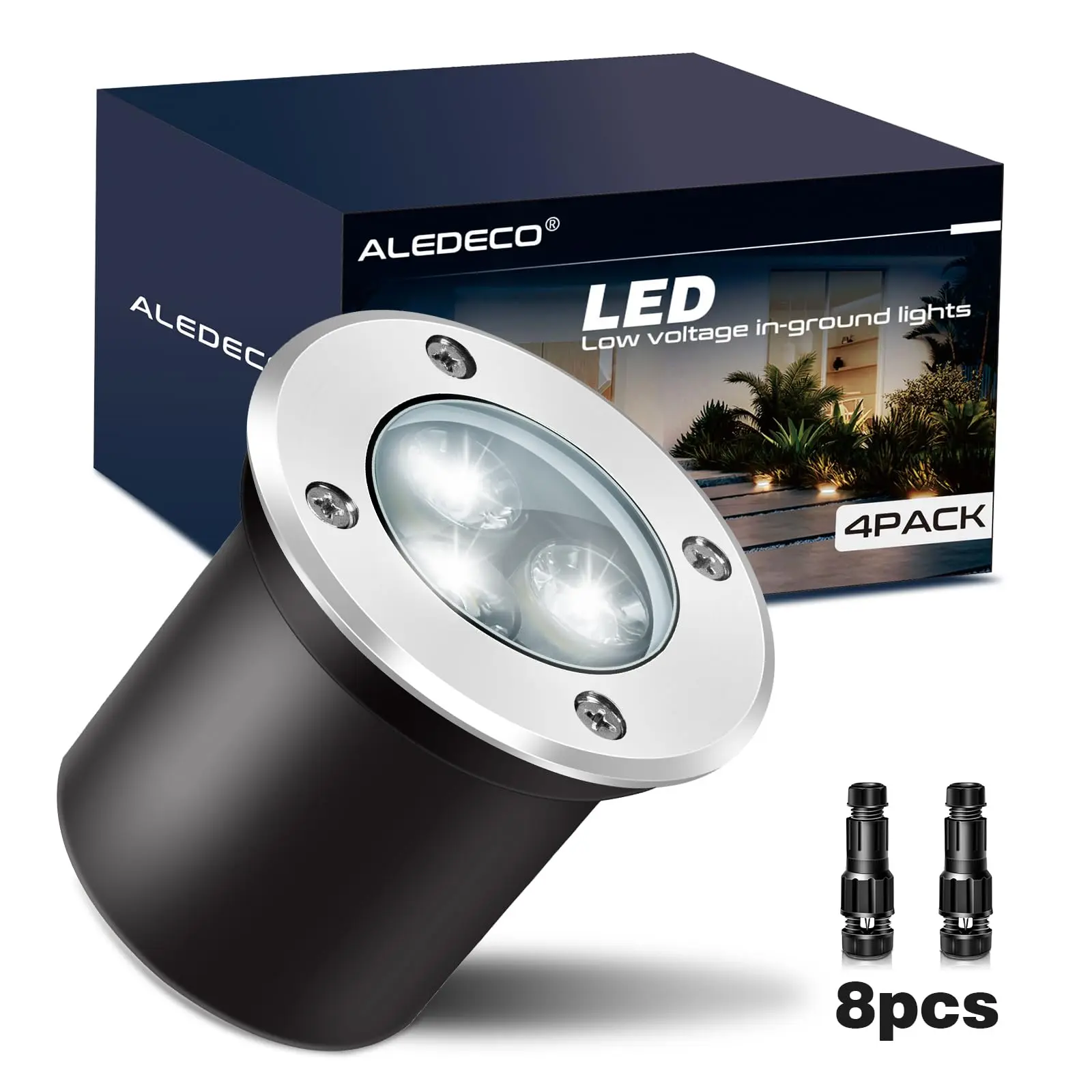 4Pack 3W Low Voltage Landscape Lights with Connectors IP67 Waterproof 6500K Cool White Outdoor Well Lights for Yards and Driveways