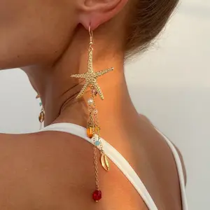 Boho Starfish Dangle Earrings, Ocean-Inspired Crystal & Shell Tassel Earrings, Gold Plated Long Drop Earrings for Women, Vacation & Festival Jewelry